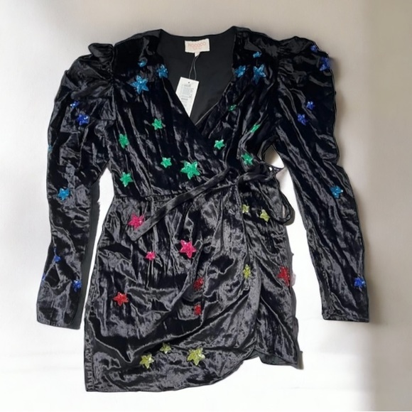 Rococo Sand Mini Dress in Black Velvet Embellished Rainbow Sequin Stars Size XL - Picture 7 of 11